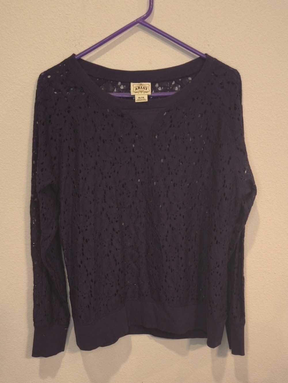 Ariat Deep Purple Lace-Overlay Scoop Neck Sweater XL